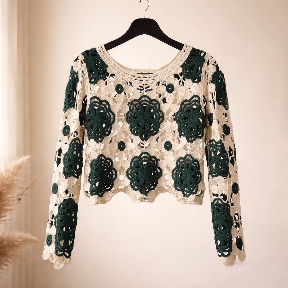 Rebellion‎ Boho Retro Crochet Floral Crop Top Size M Festival St Patrick's Day